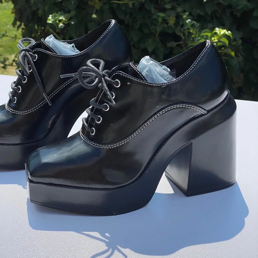 GB Grunge Black Platform Oxford Loafers Goth Bratz Contrast Stitching Edgy - 7M